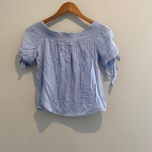 Blue and white striped off the shoulder crop top